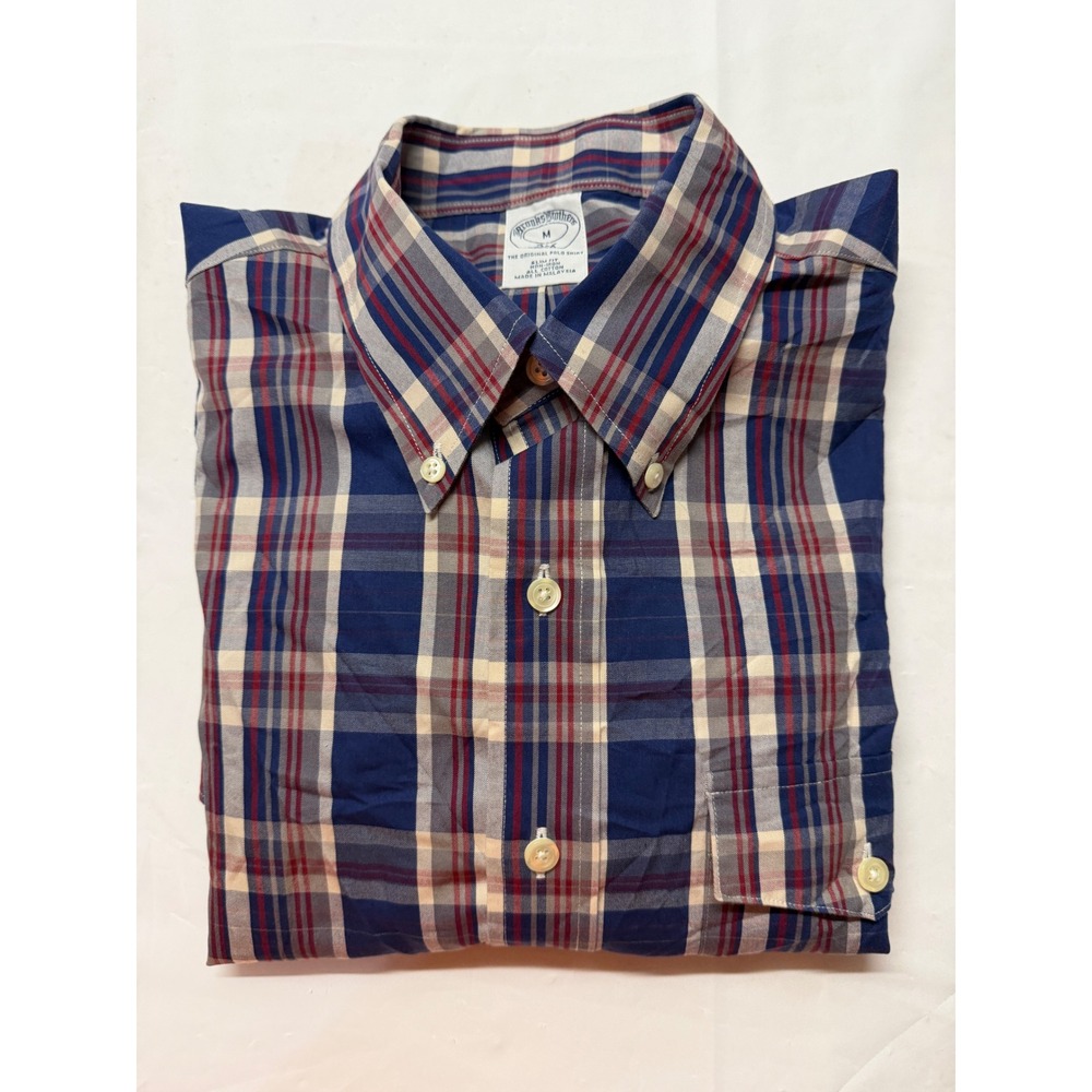 Brooks Brothers 346 Mens Slim Fit Non-Iron Plaid Button Down Shirt Navy Red M